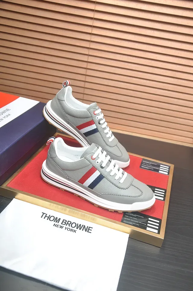 Thom Browne Gray Multicolor Pebbled Leather Upper Signature Red-White-Navy Stripe Tape Lifestyle Sneakers 4