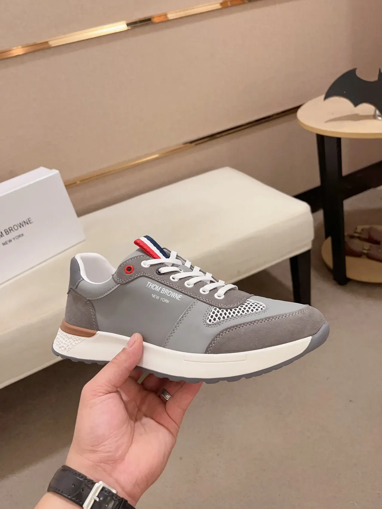 Thom Browne Gray White Mixed-Material Upper Mesh Ventilation Panel Sneakers 4