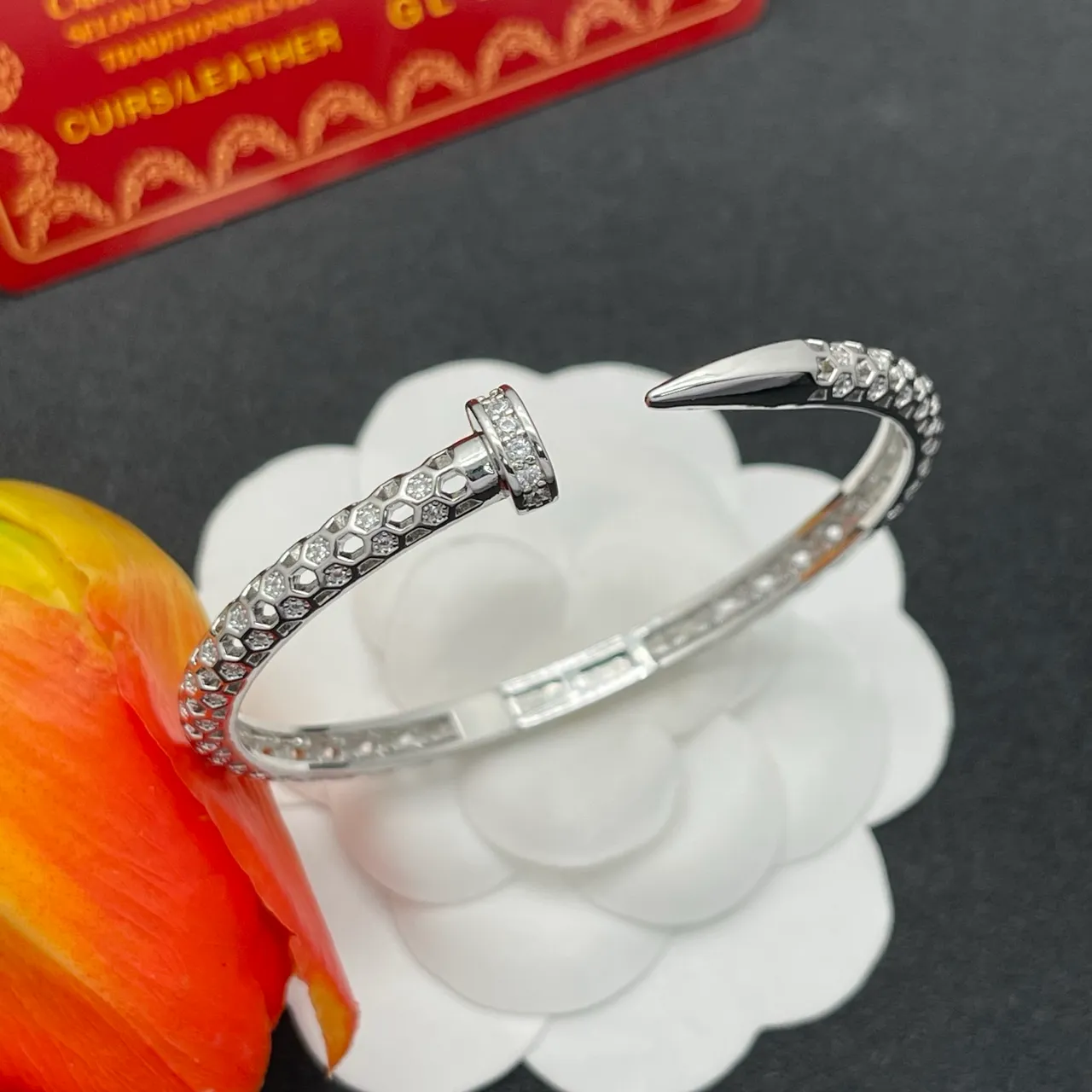 Tiffany & Co. Juste un Clou Hexagonal Pavé Silver Open Bangle Bracelet 7