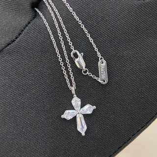 Tiffany & Co. Silver Transparent Cross Pendant Baguette-Cut Stones Necklace