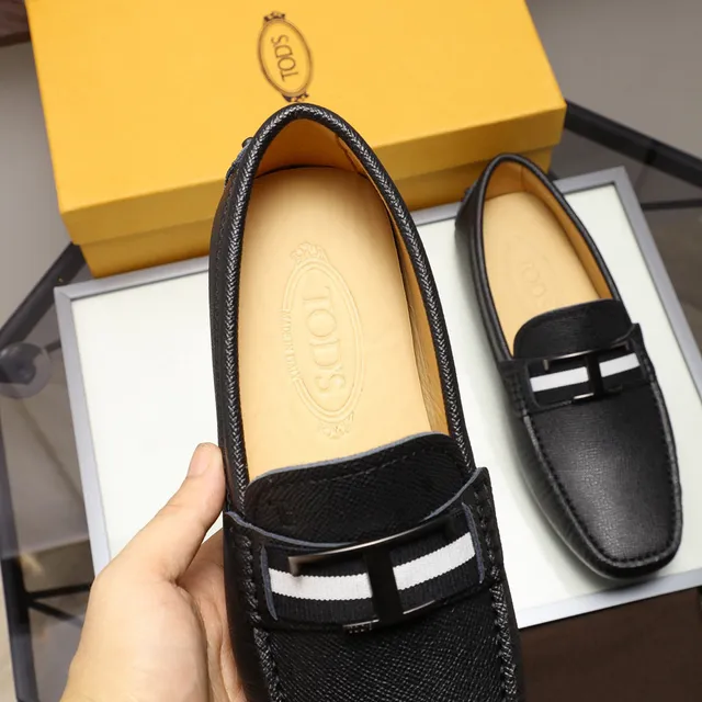 Tod's Gommino لافر أسود أبيض جلد مموج H-Bar Metal Buckle لافر 5