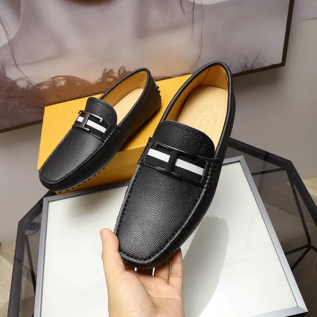 Tod's Gommino لافر أسود أبيض جلد مموج H-Bar Metal Buckle لافر 7