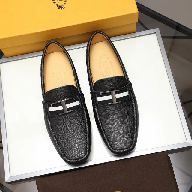 Tod's Gommino لافر أسود أبيض جلد مموج H-Bar Metal Buckle لافر 8