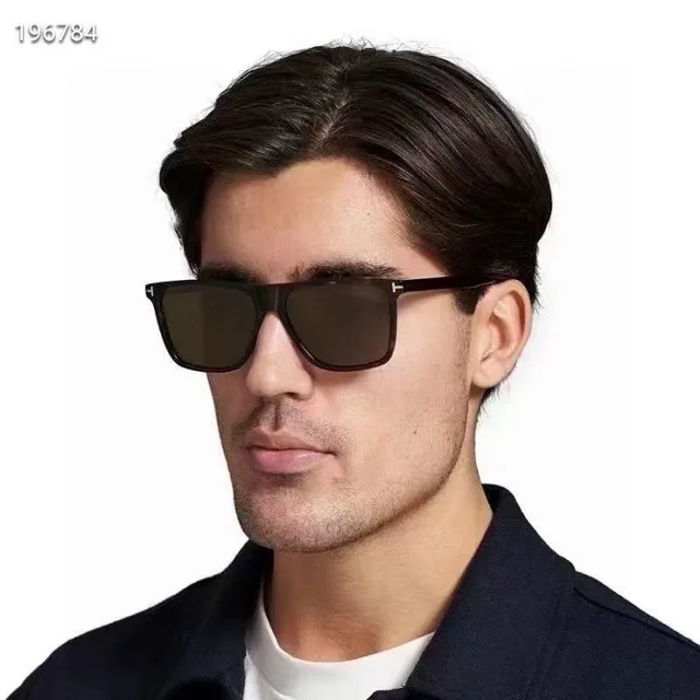 Tom Ford Square Black Brown Rectangular Acetate Frames Gold T-Logo Temples Sunglasses 5