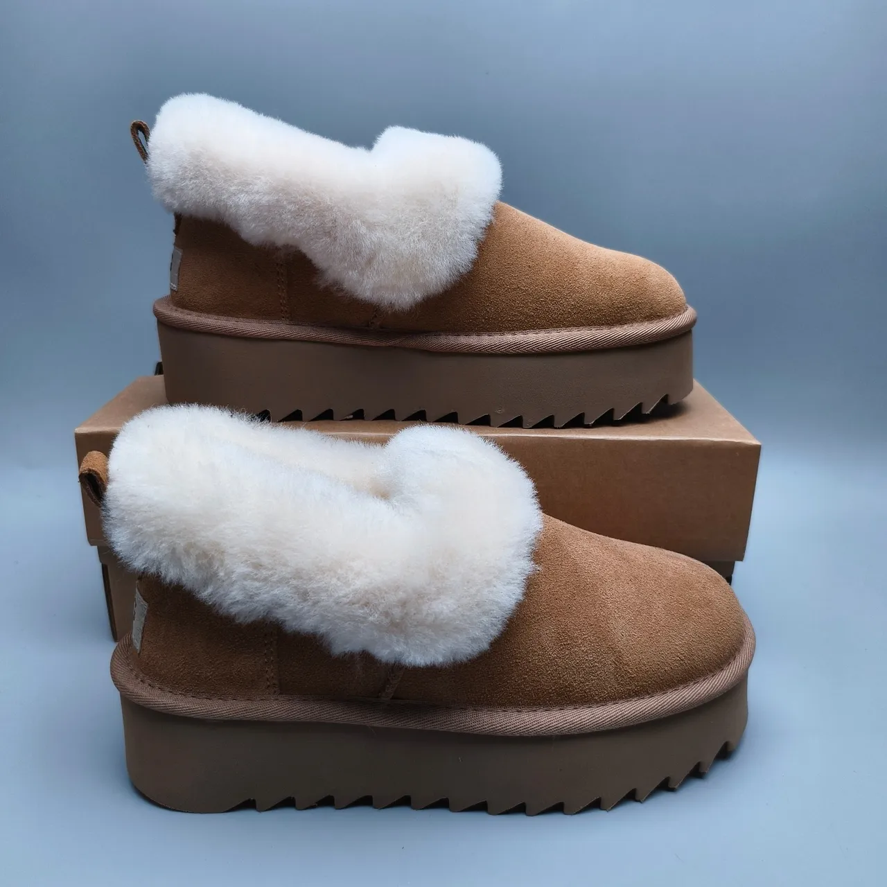 UGG Brown Beige Suede Upper Folded Shearling Collar Snow Boots 5