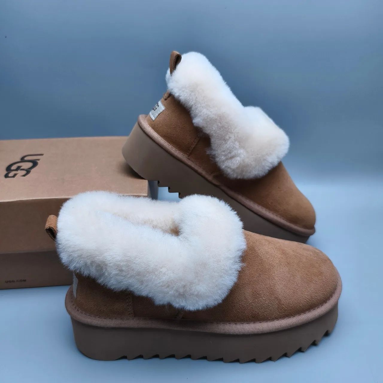 UGG Brown Beige Suede Upper Folded Shearling Collar Snow Boots 6