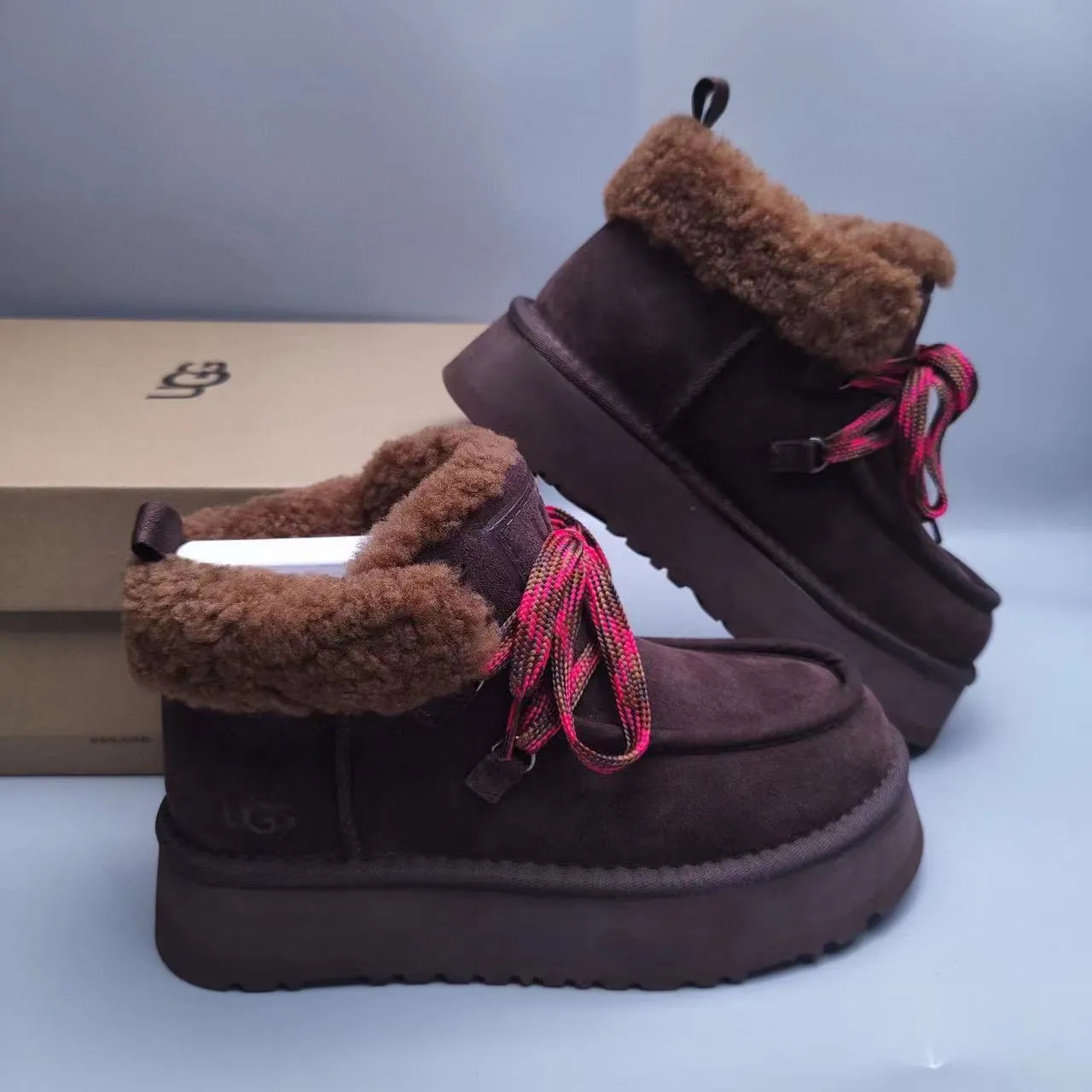 UGG Brown Multicolor Lace-Up Platform Boot Suede Upper Snow Boots 5