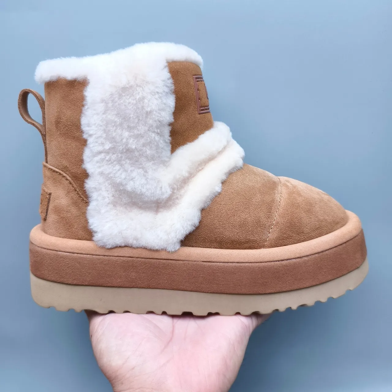 UGG Brown White Suede Upper Folded Shearling Cuff Snow Boots 2
