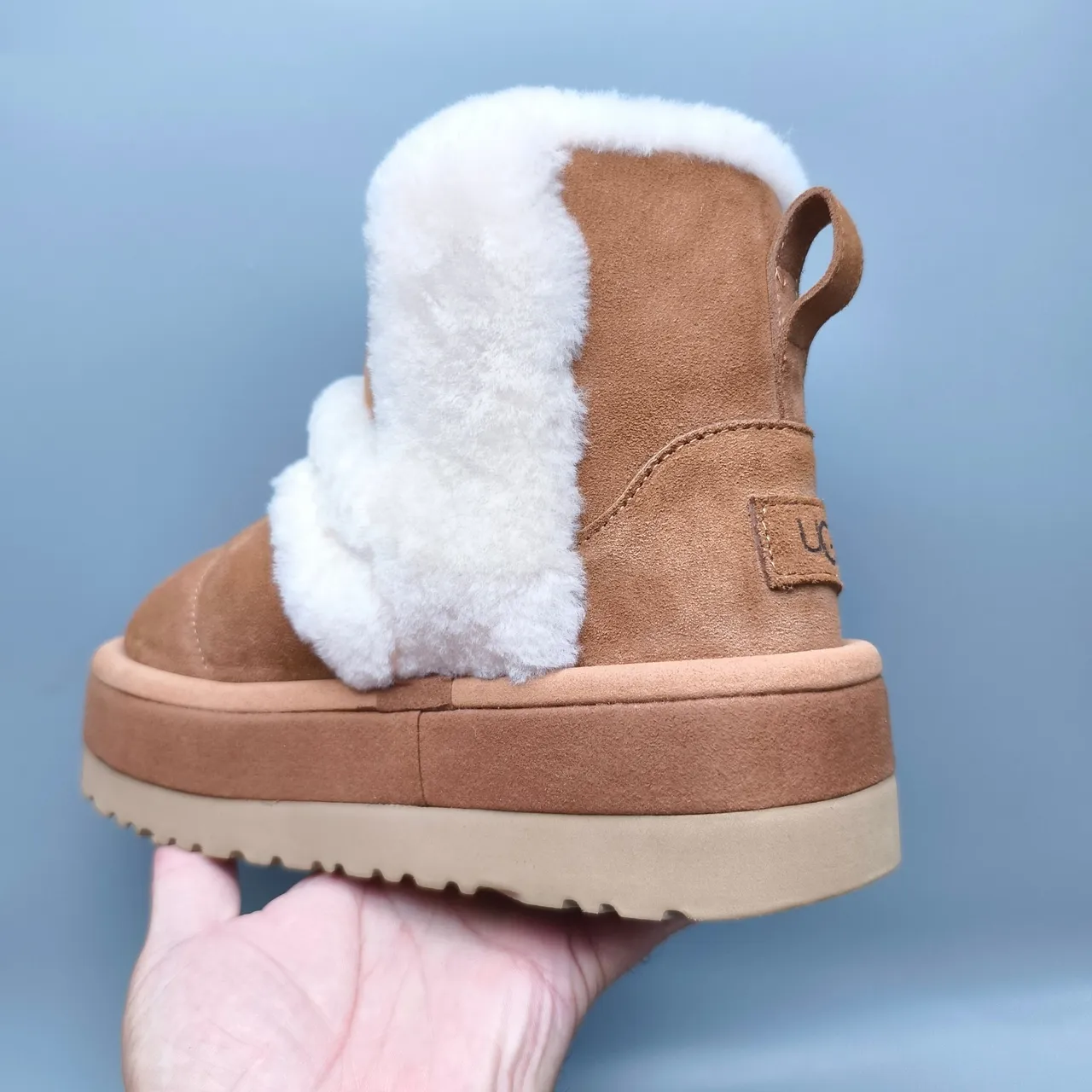 UGG Brown White Suede Upper Folded Shearling Cuff Snow Boots 4