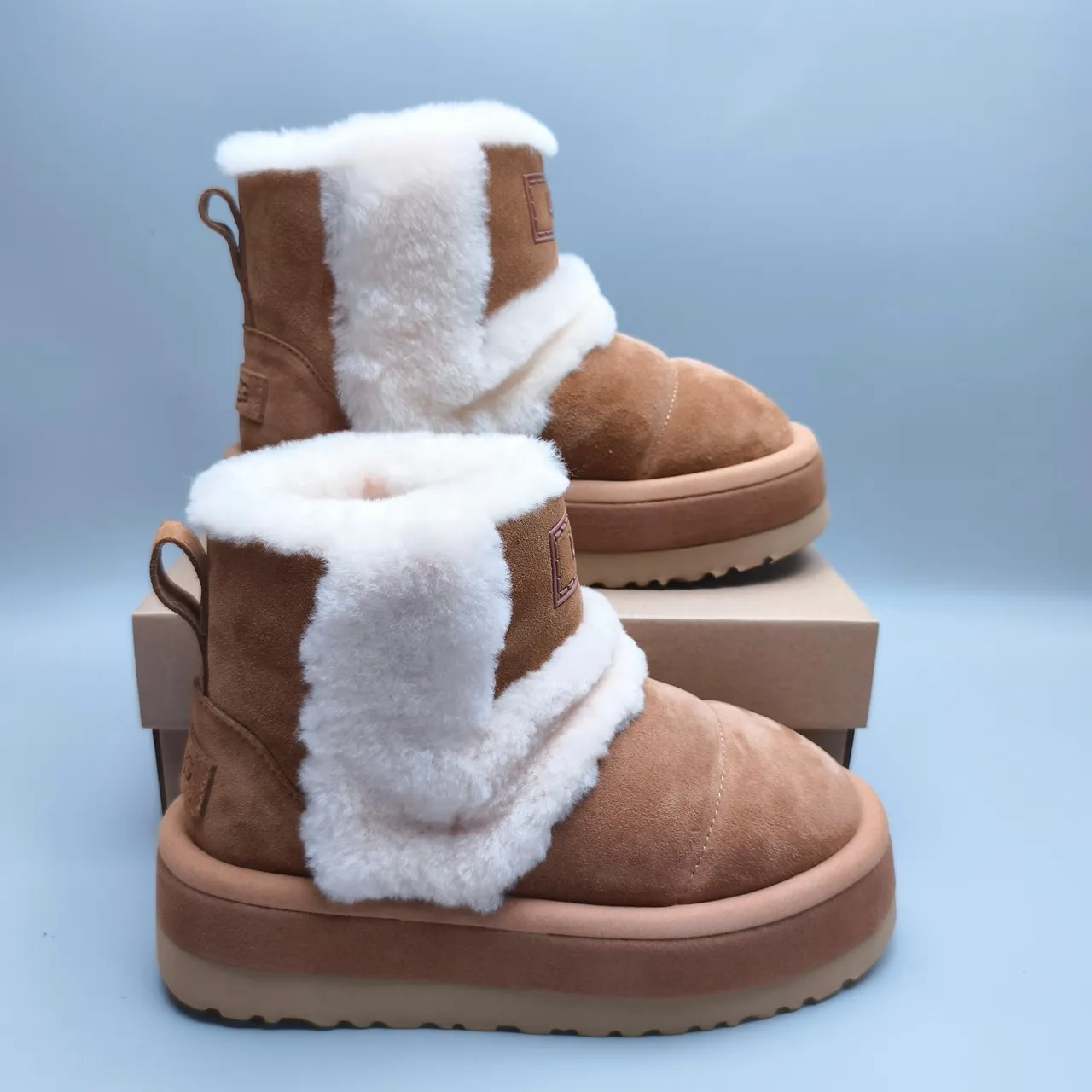 UGG Brown White Suede Upper Folded Shearling Cuff Snow Boots 5
