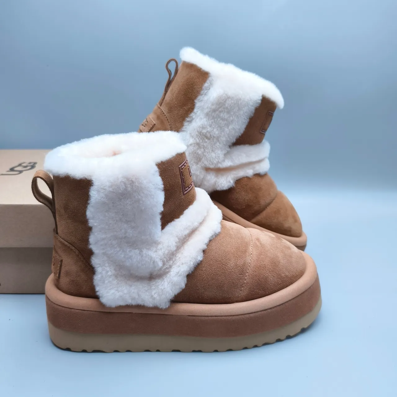 UGG Brown White Suede Upper Folded Shearling Cuff Snow Boots 6