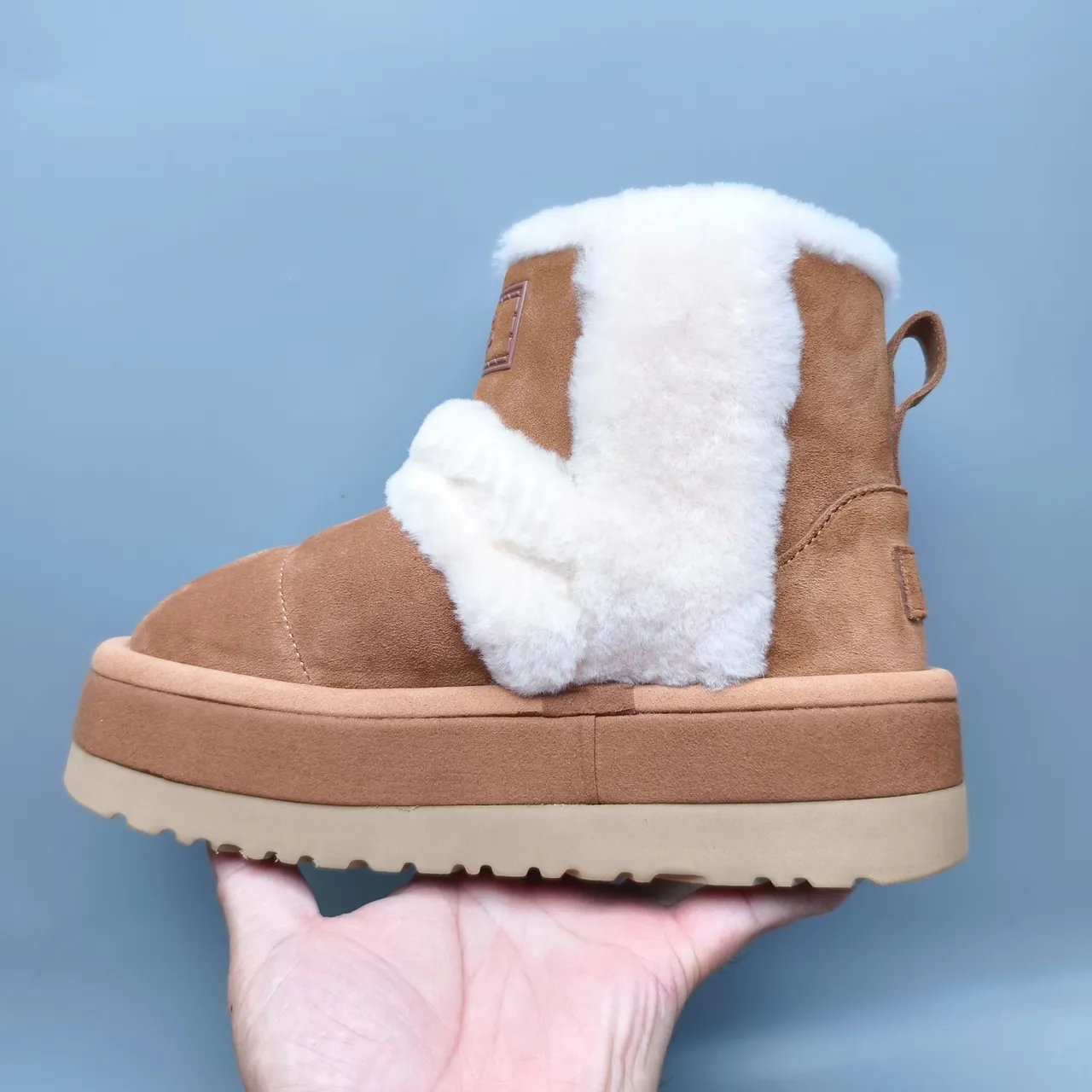 UGG Brown White Suede Upper Folded Shearling Cuff Snow Boots 7