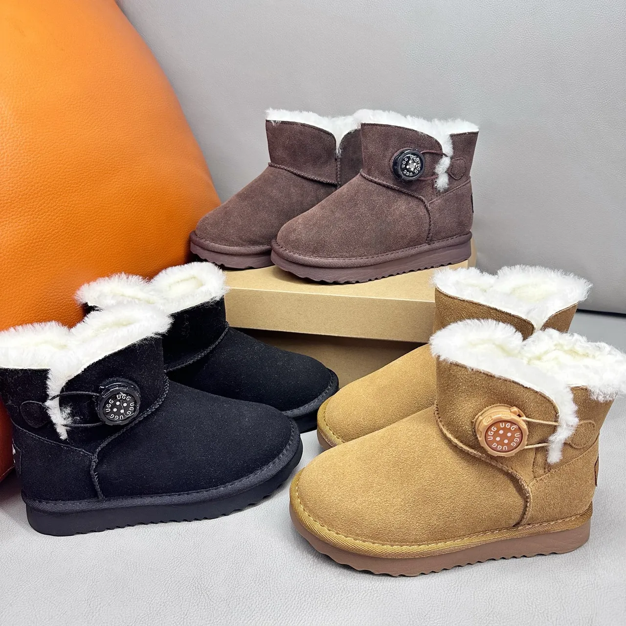 UGG Classic Mini Khaki Suede Shearling-Lined Snow Boots 6