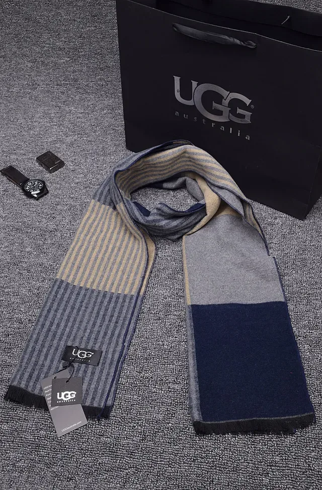 UGG Gray Navy Striped Ribbed Weave Cashmere Scarf 2