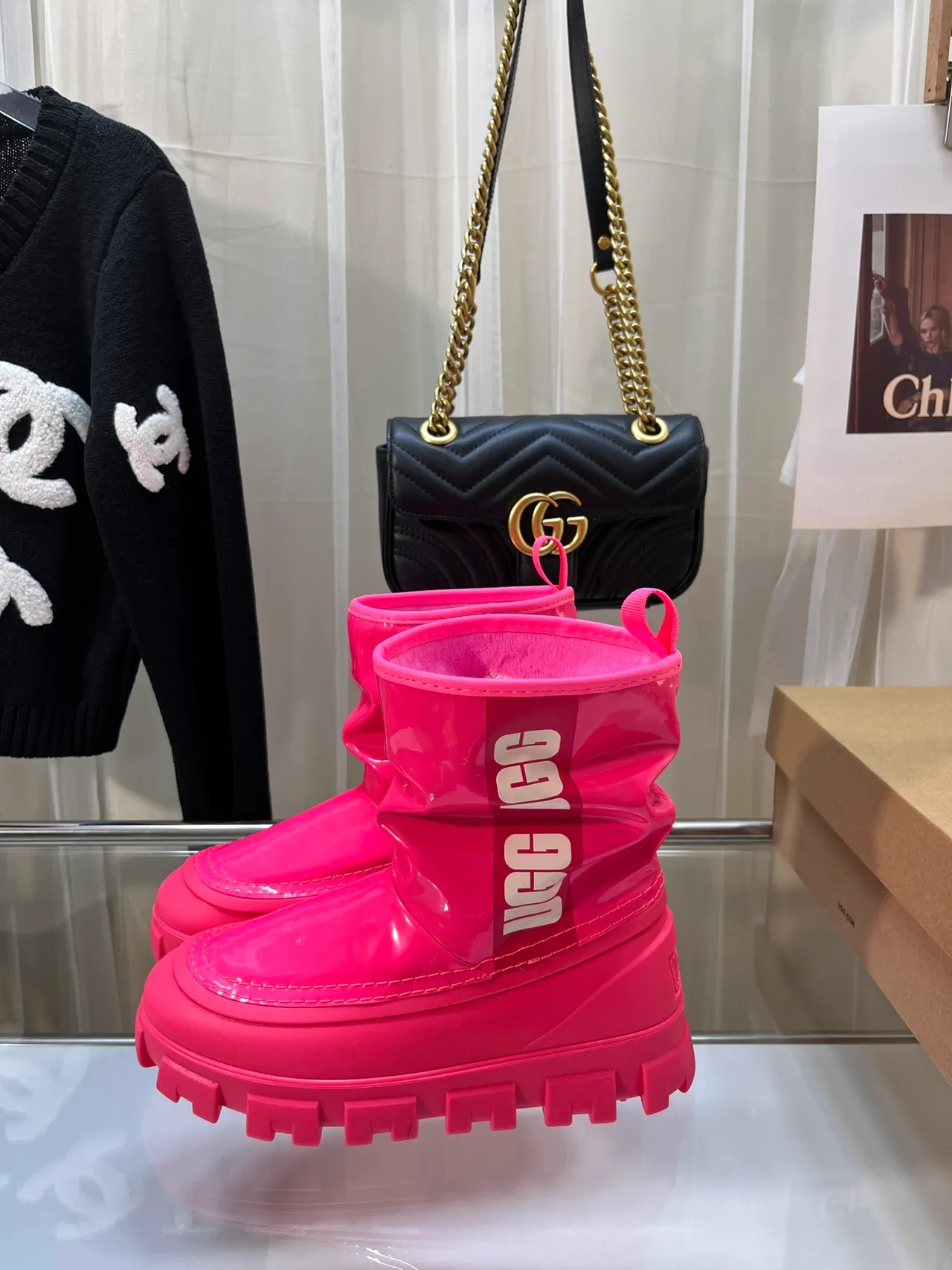 UGG Pink Glossy Patent Finish Ruched Shaft Snow Boots 2