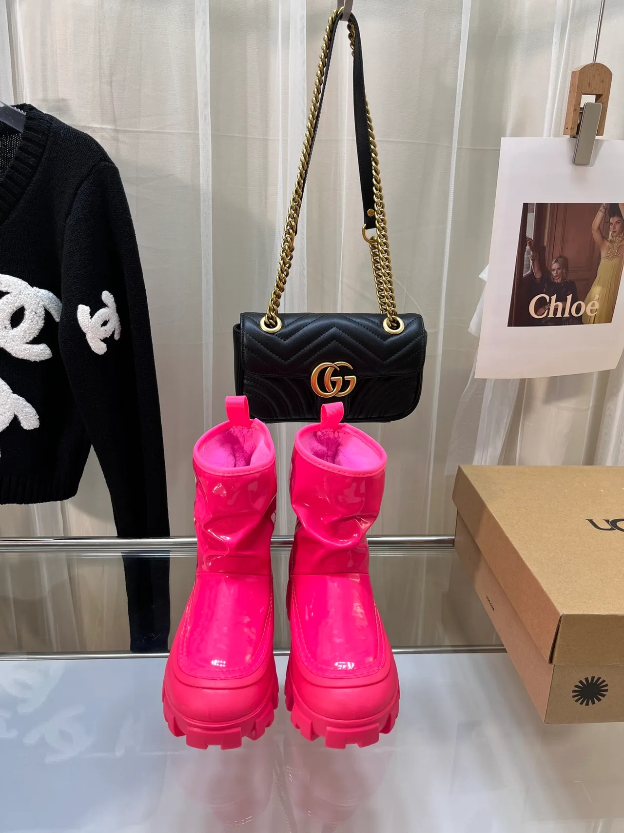 UGG Pink Glossy Patent Finish Ruched Shaft Snow Boots 3