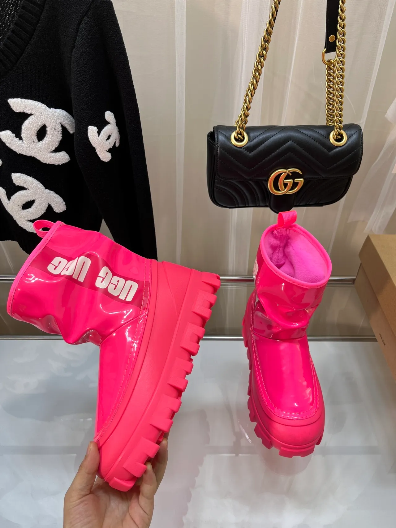 UGG Pink Glossy Patent Finish Ruched Shaft Snow Boots 4