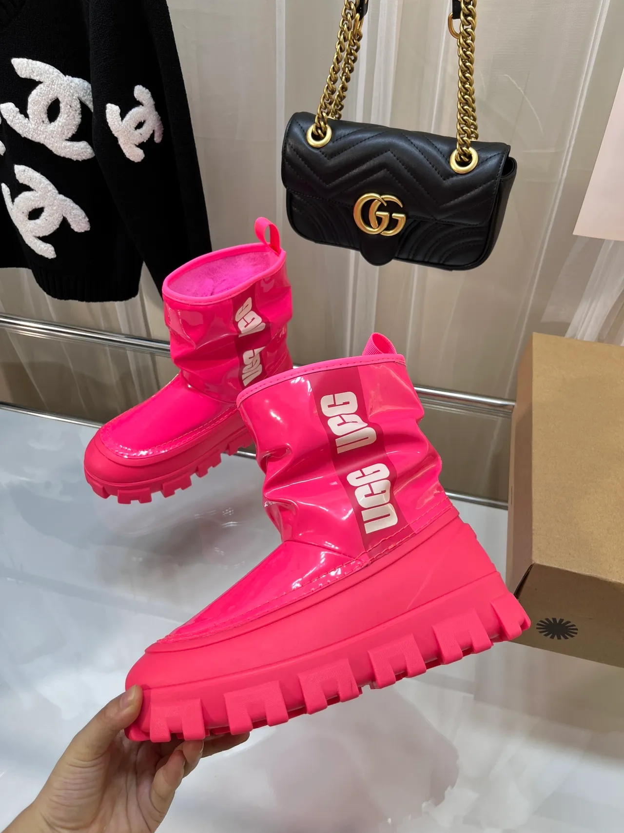 UGG Pink Glossy Patent Finish Ruched Shaft Snow Boots 5