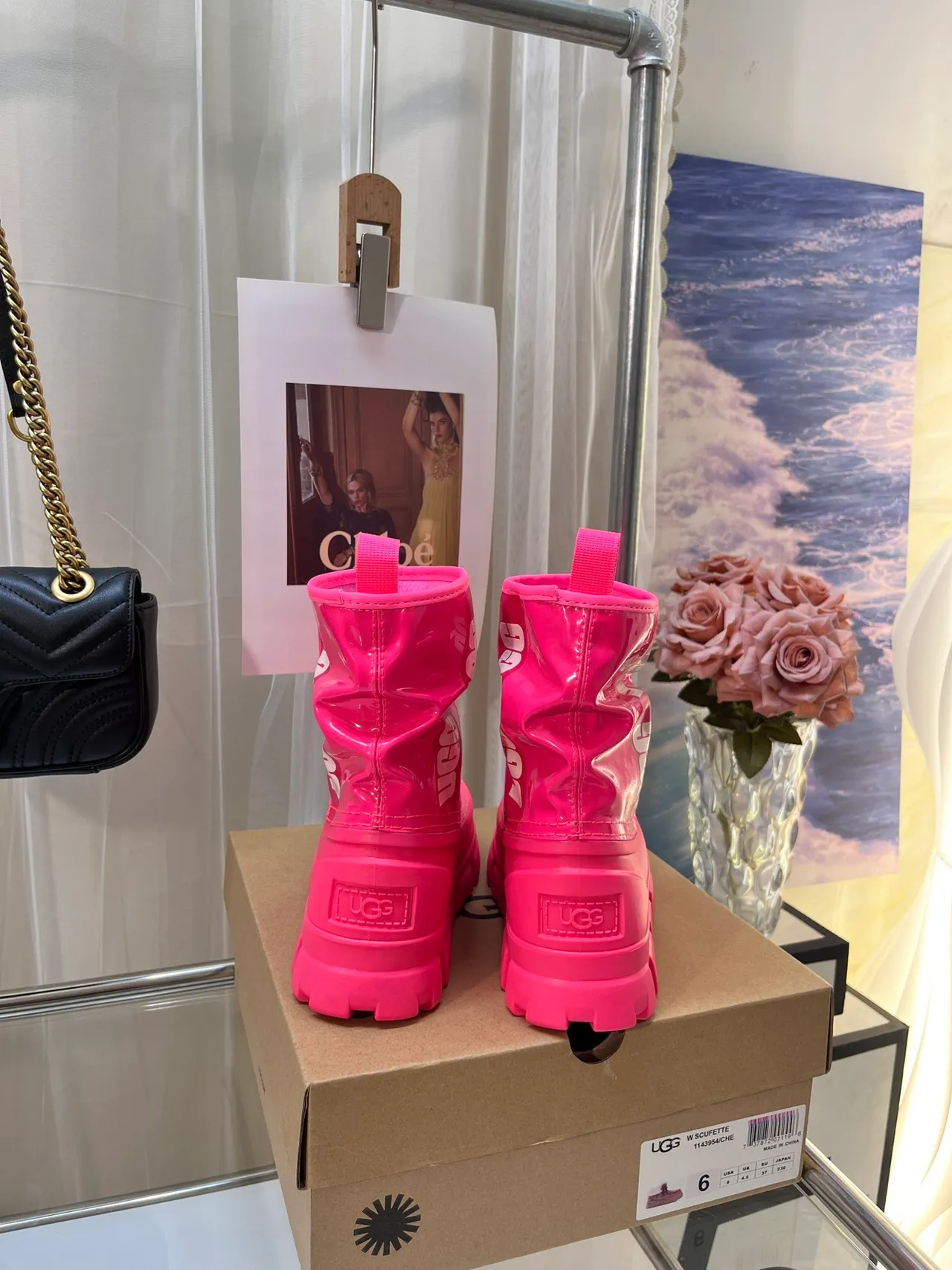 UGG Pink Glossy Patent Finish Ruched Shaft Snow Boots 6