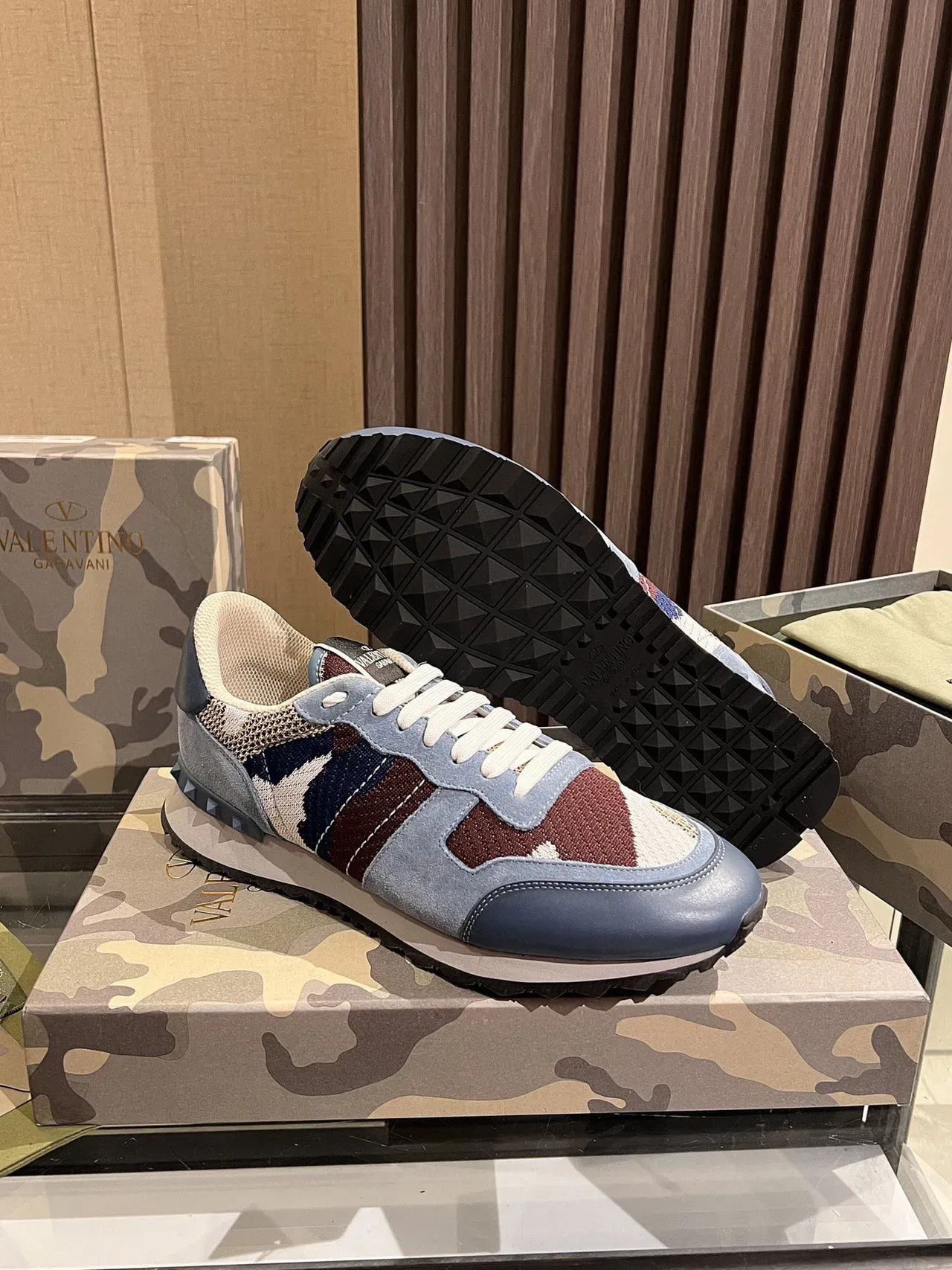 Valentino Camouflage Knit and Blue Leather Lifestyle Sneakers 2