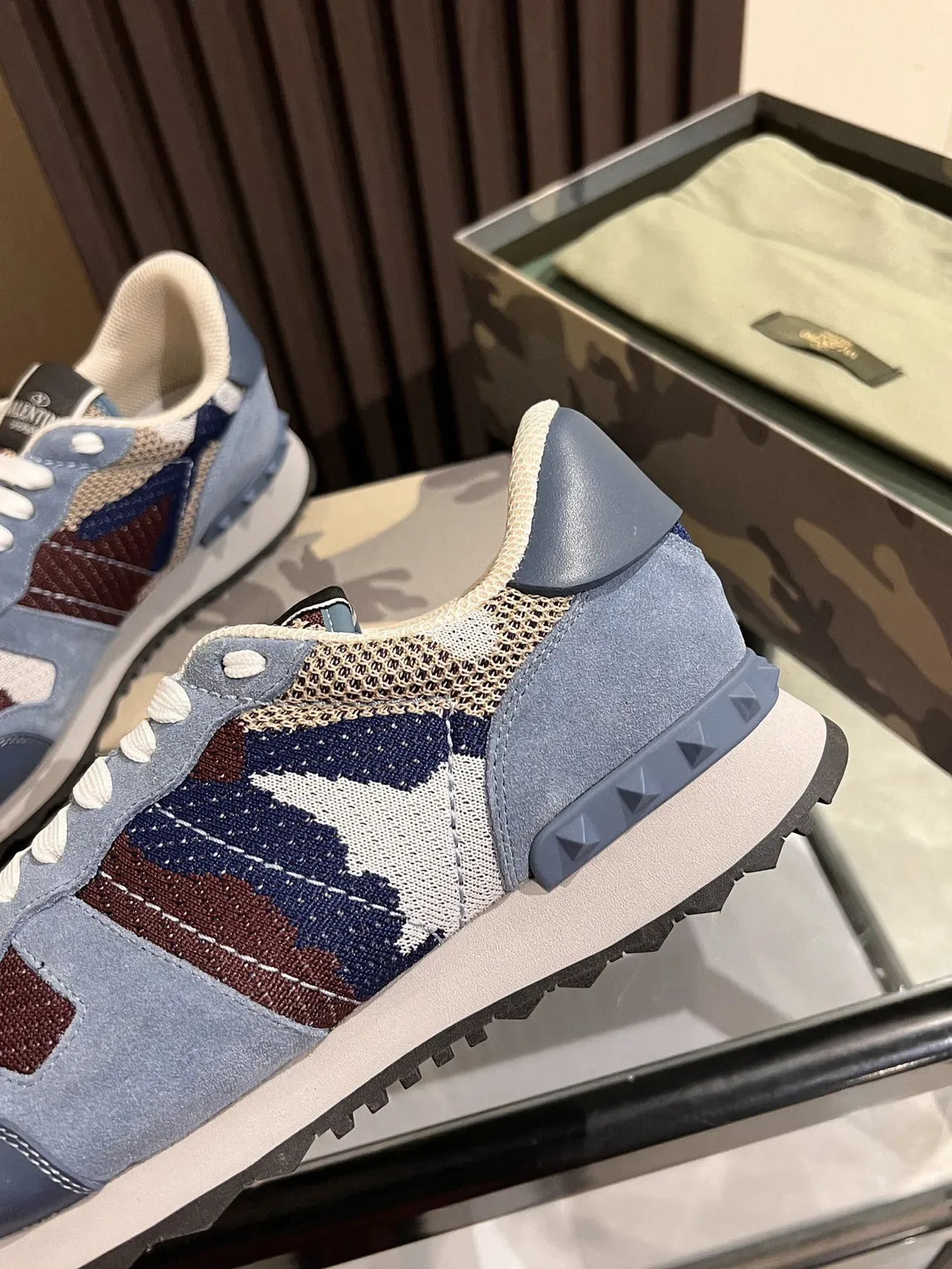 Valentino Camouflage Knit and Blue Leather Lifestyle Sneakers 4