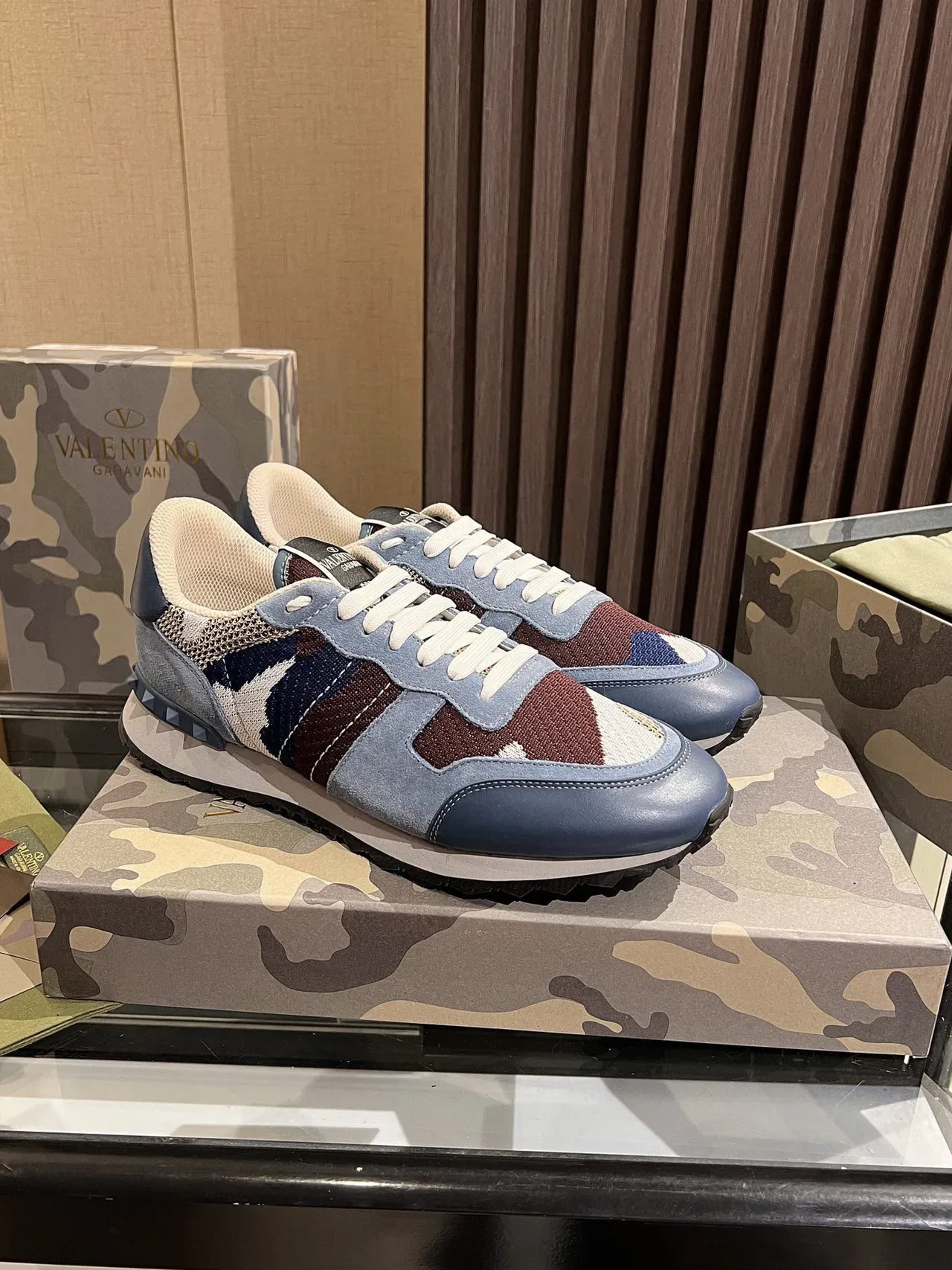 Valentino Camouflage Knit and Blue Leather Lifestyle Sneakers 7