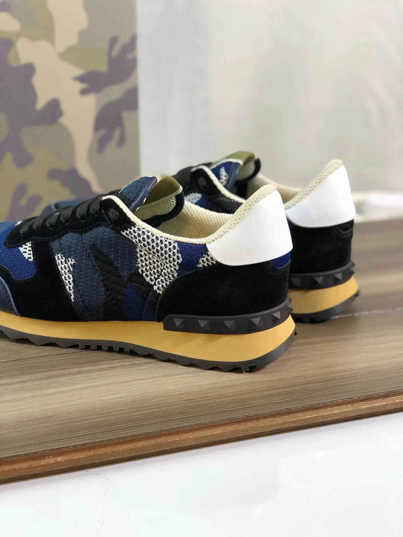 Valentino Navy Black Camouflage Knit Upper Suede Overlays Lifestyle Sneakers 3