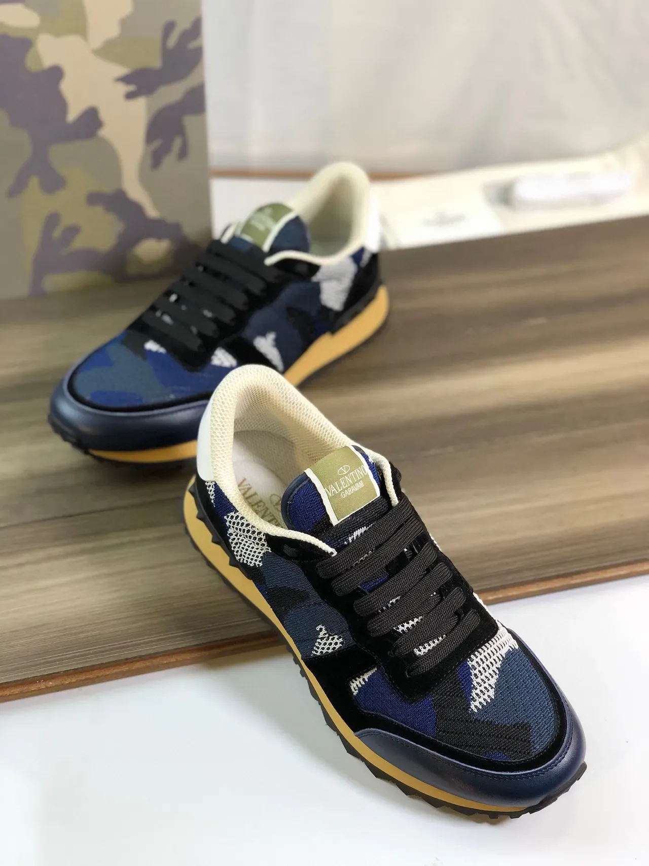 Valentino Navy Black Camouflage Knit Upper Suede Overlays Lifestyle Sneakers 4