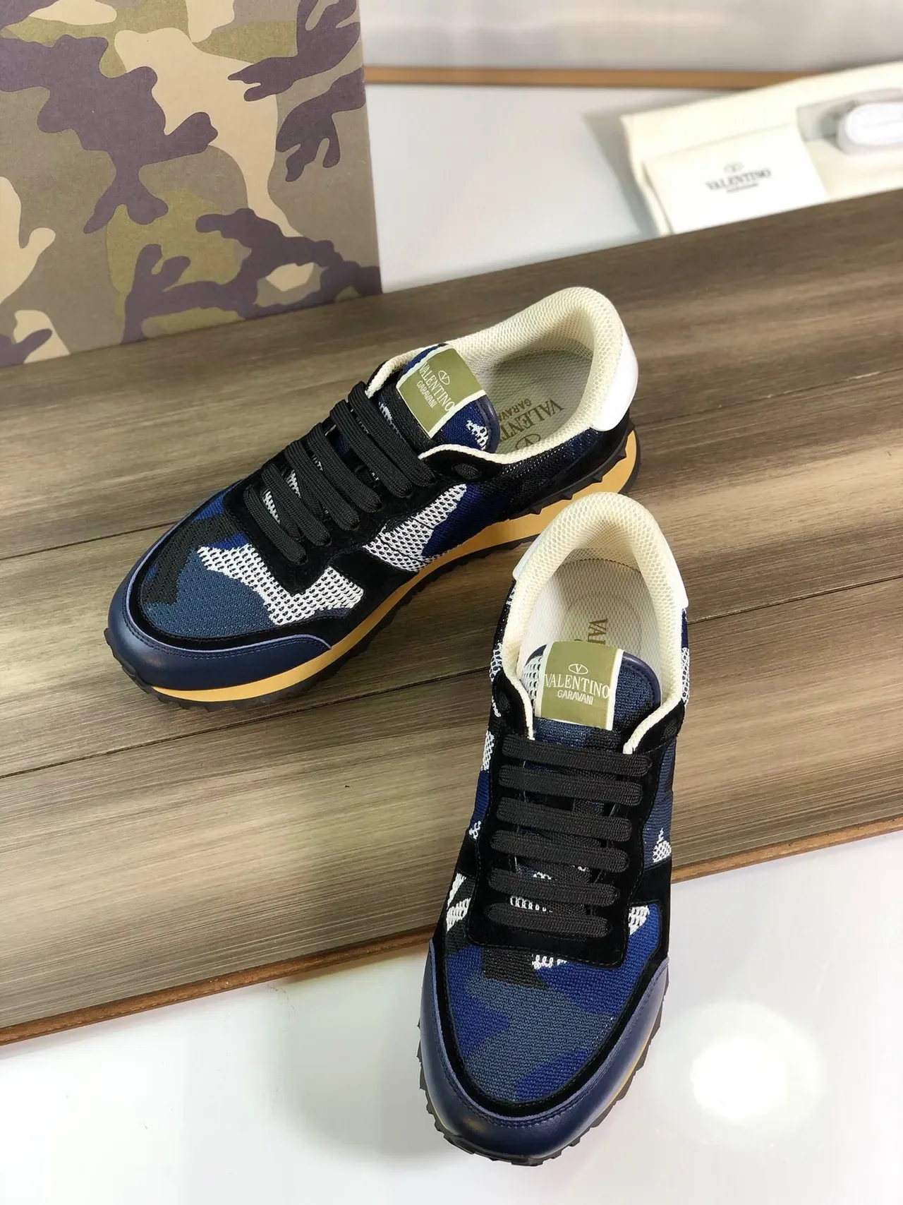 Valentino Navy Black Camouflage Knit Upper Suede Overlays Lifestyle Sneakers 5