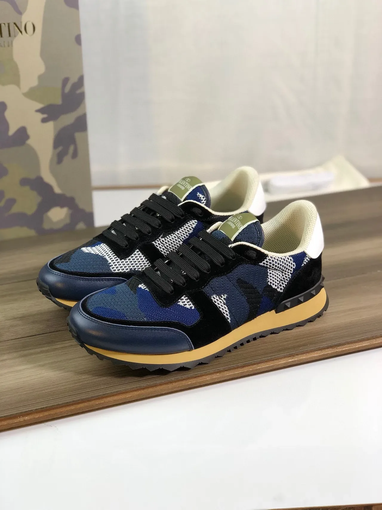 Valentino Navy Black Camouflage Knit Upper Suede Overlays Lifestyle Sneakers 7
