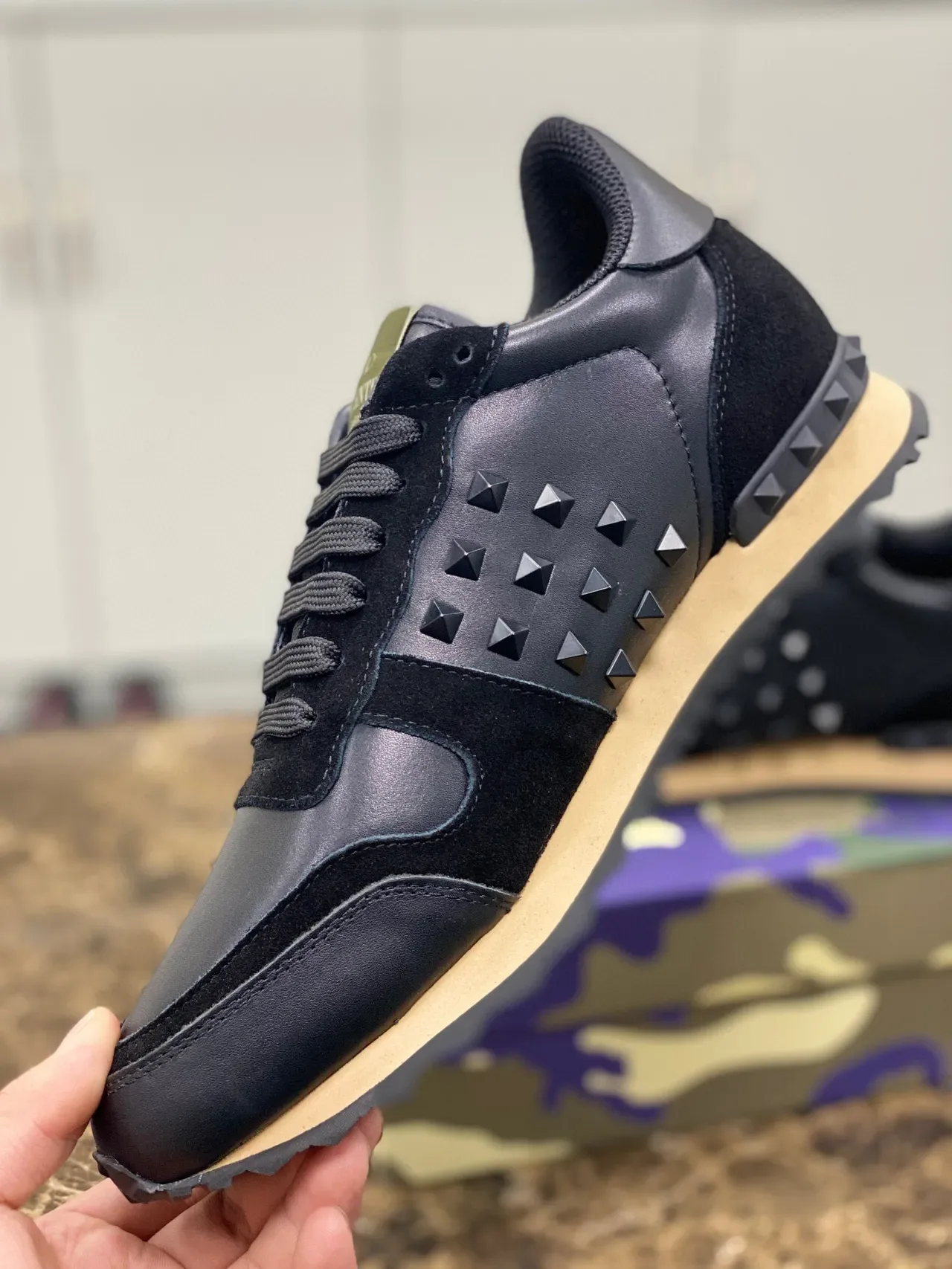 Valentino Rockstud Black Leather and Suede Pyramid Stud Lifestyle Sneakers 2