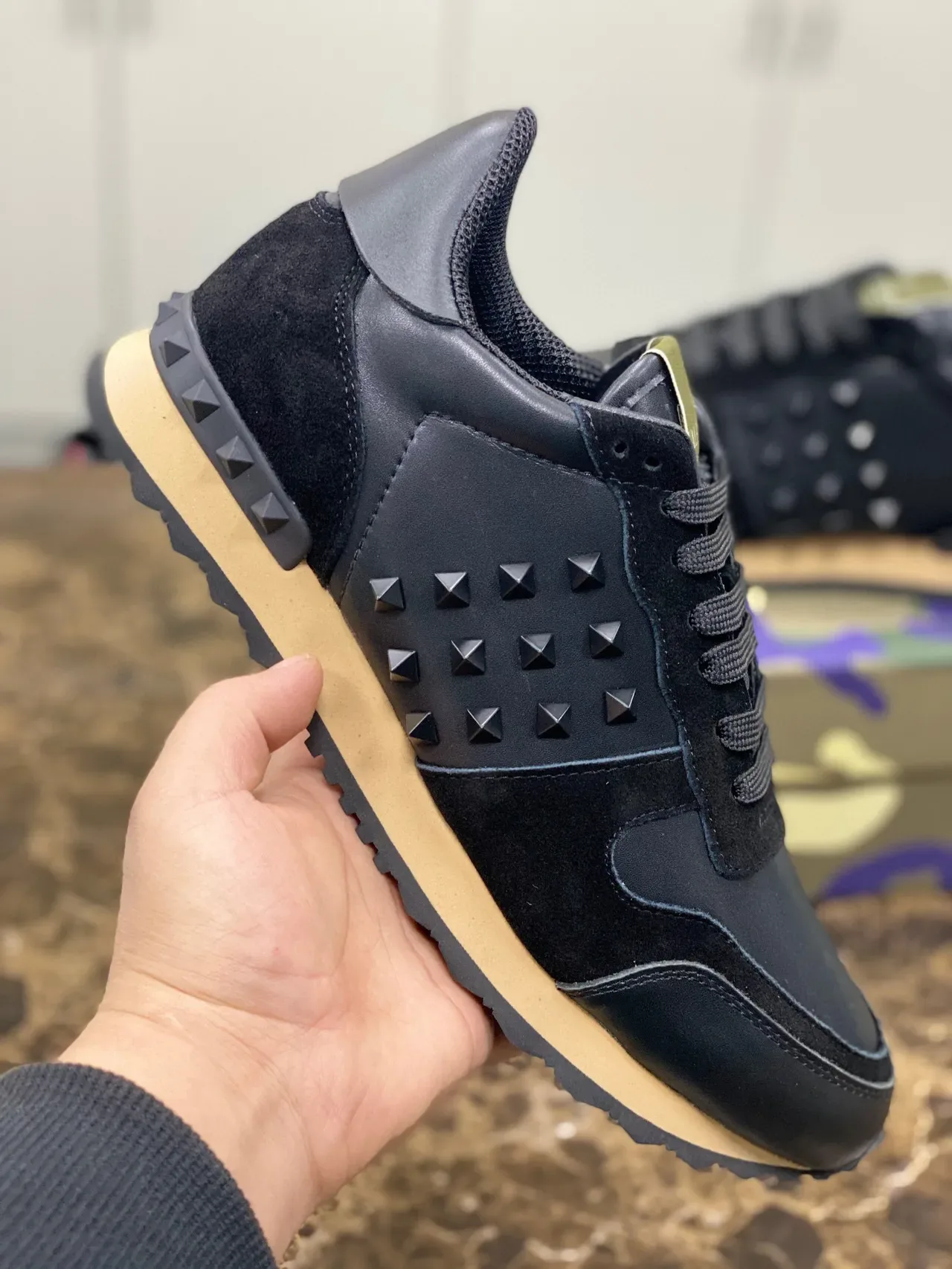 Valentino Rockstud Black Leather and Suede Pyramid Stud Lifestyle Sneakers 4