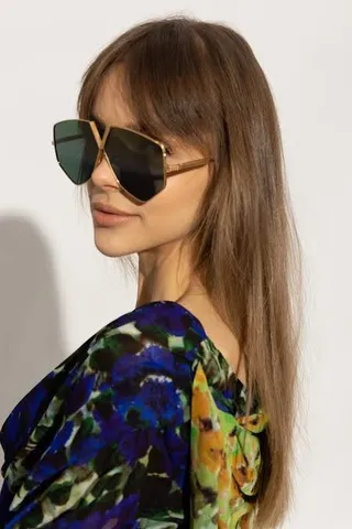 Valentino Rockstud Gold Green Angular Shield Silhouette Metal Frame Sunglasses 2