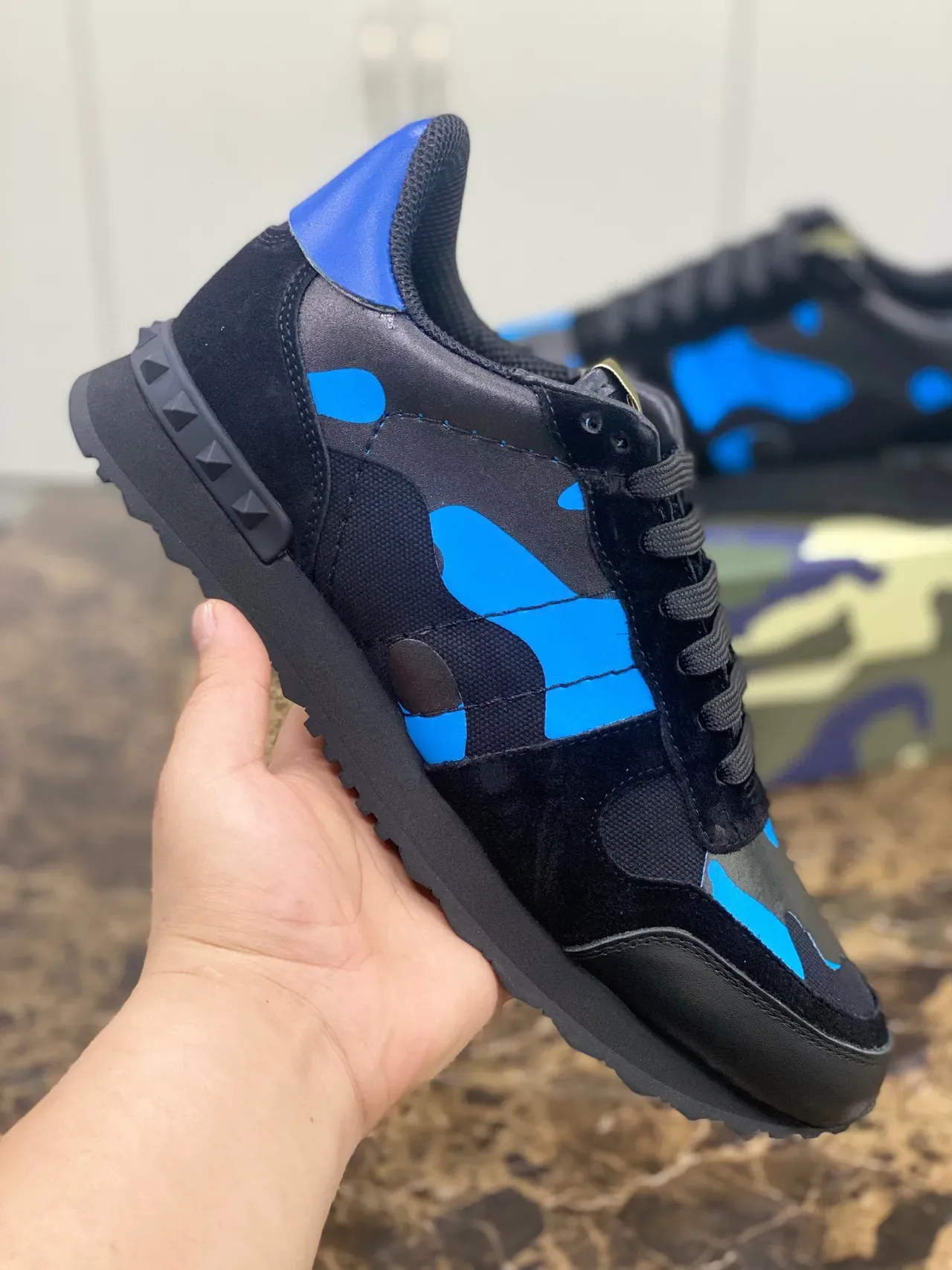 Valentino Rockstud Runner Camouflage-Print Preto Azul Tênis Lifestyle 5