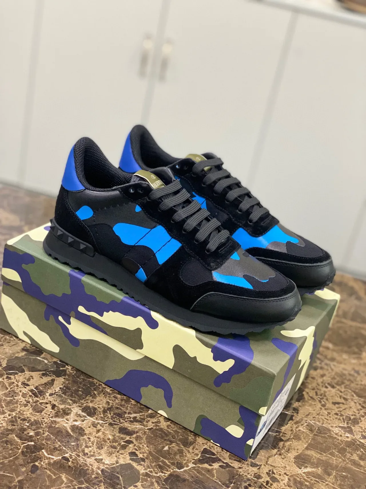 Valentino Rockstud Runner Camouflage-Print Preto Azul Tênis Lifestyle 8