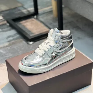 Valentino Rockstud Plata Blanco Metálico Cromo Superior Silueta Alta Estilo de Vida Zapatos