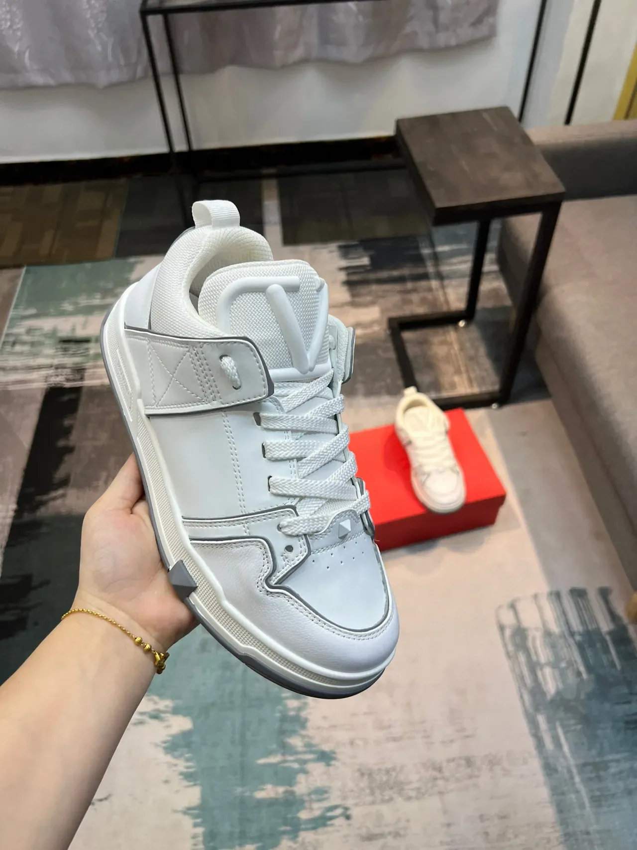 Valentino Rockstud White Silver Leather Upper Piping Detail Lifestyle Sneakers 6