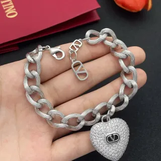 Valentino Silver White Twisted Rope-Link Chain Pavé-Set Heart Charm Bracelet