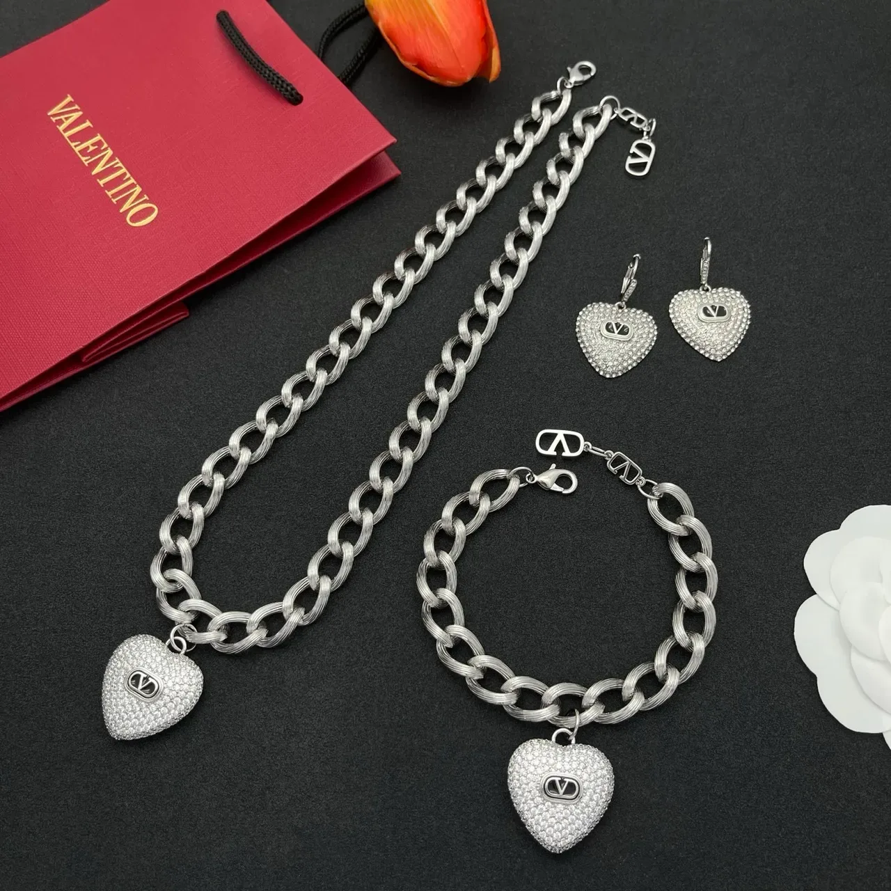 Bracelet Valentino Chaîne en maillons torsadés en corde argent blanc avec charm de cœur pavé-set 2