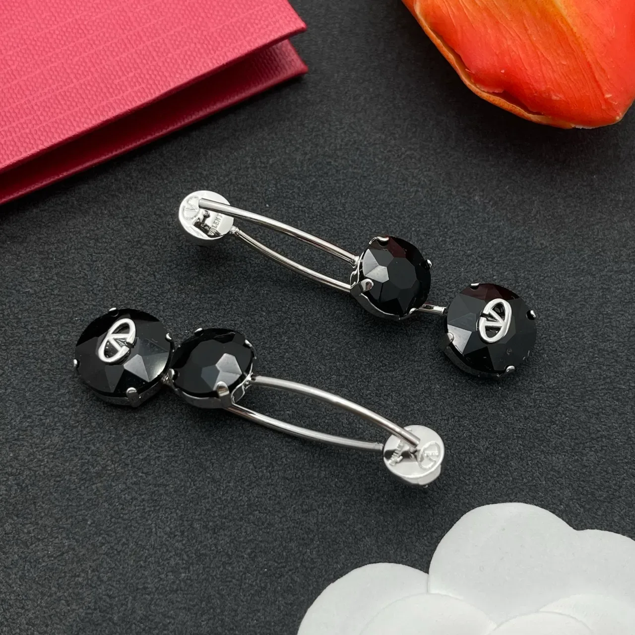 Valentino VLogo Double-Drop Black Crystal Earrings 6