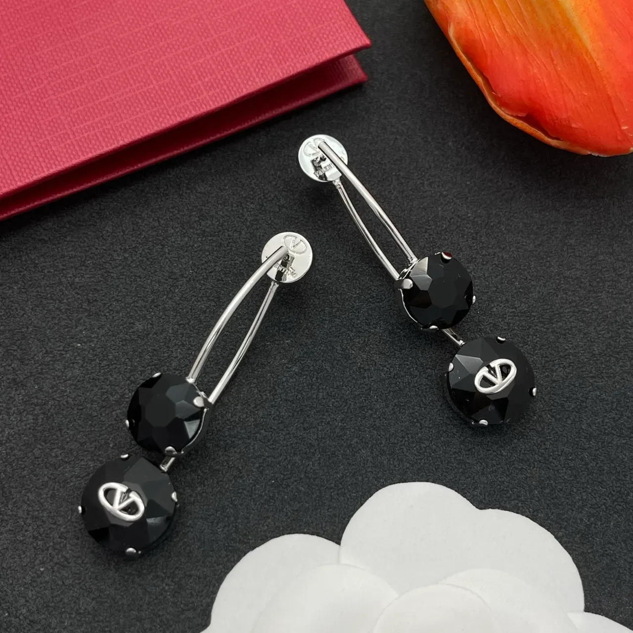 Valentino VLogo Double-Drop Black Crystal Earrings 7