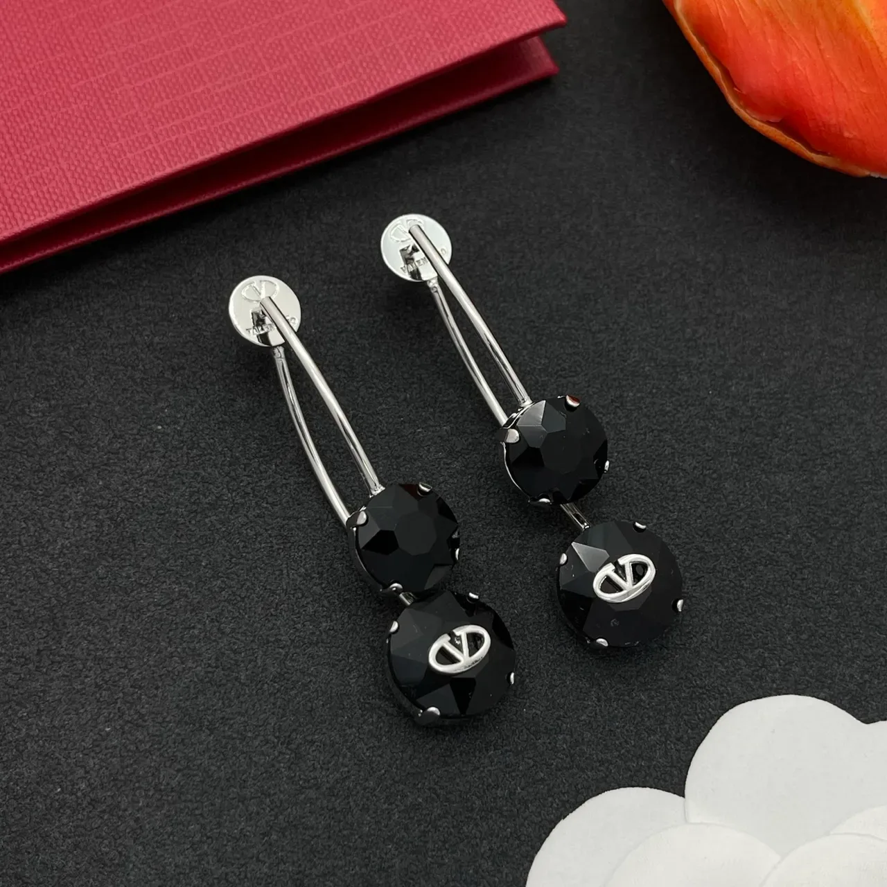Valentino VLogo Double-Drop Black Crystal Earrings 8