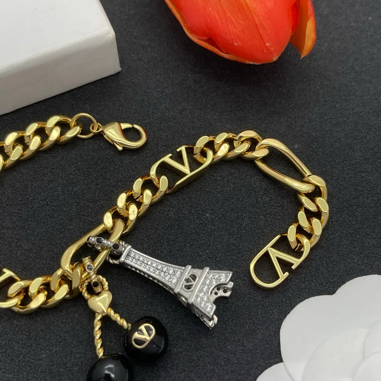 Valentino VLogo Or Noir Figaro Chain Motif Bracelet 5