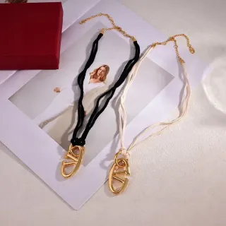 Valentino VLogo Gold Black Pendant Twisted Cord Strap Necklace