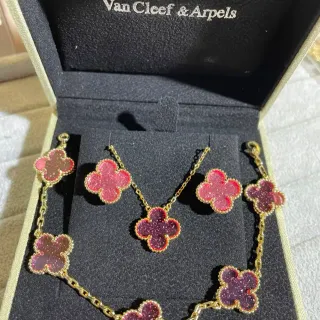 Van Cleef & Arpels Alhambra Pink Purple Four-Leaf Clover Motif Glitter Enamel Necklace