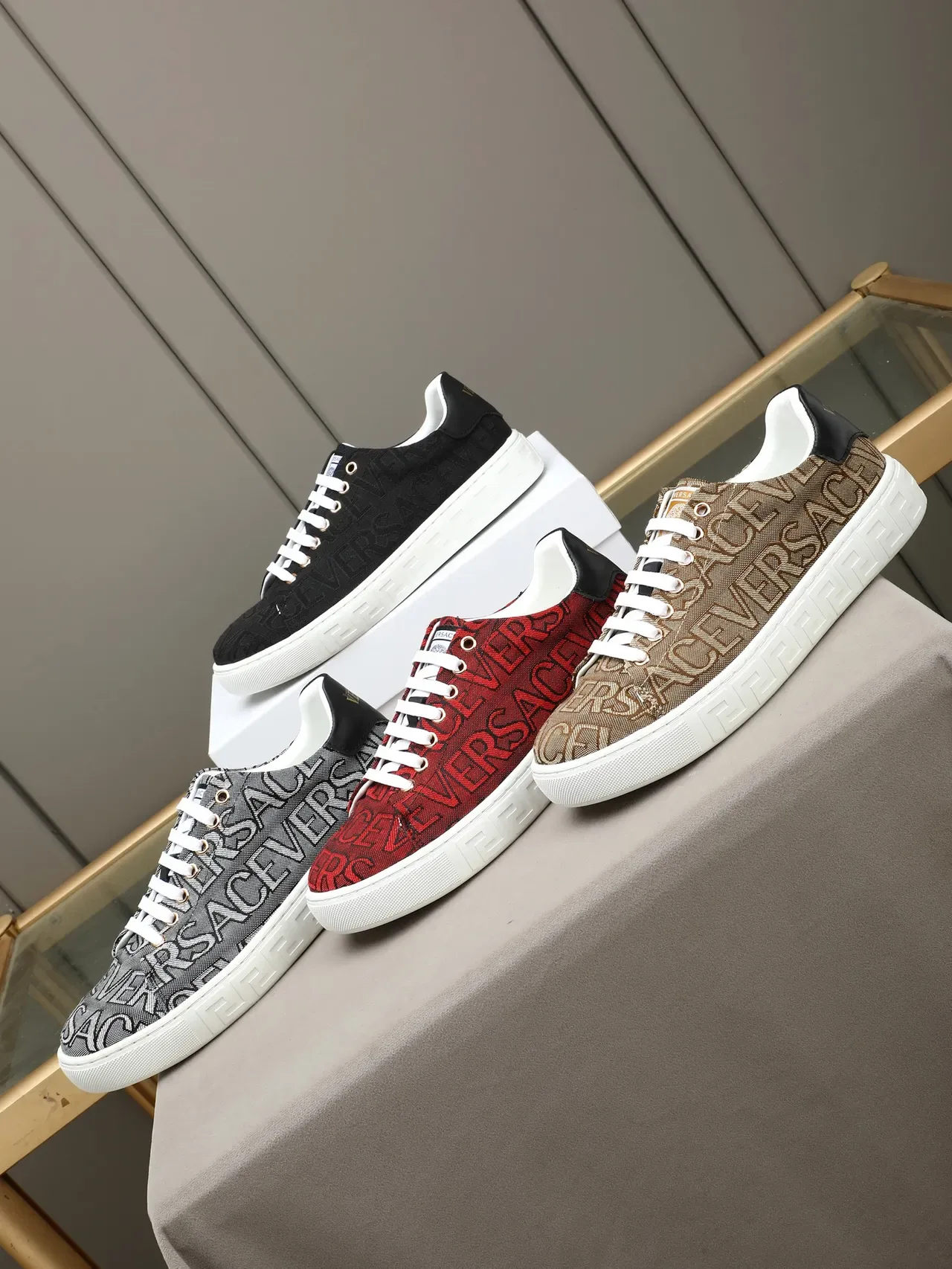 Versace Beige White Monogrammed Textile Upper Greca-Patterned Midsole Lifestyle Sneakers 2