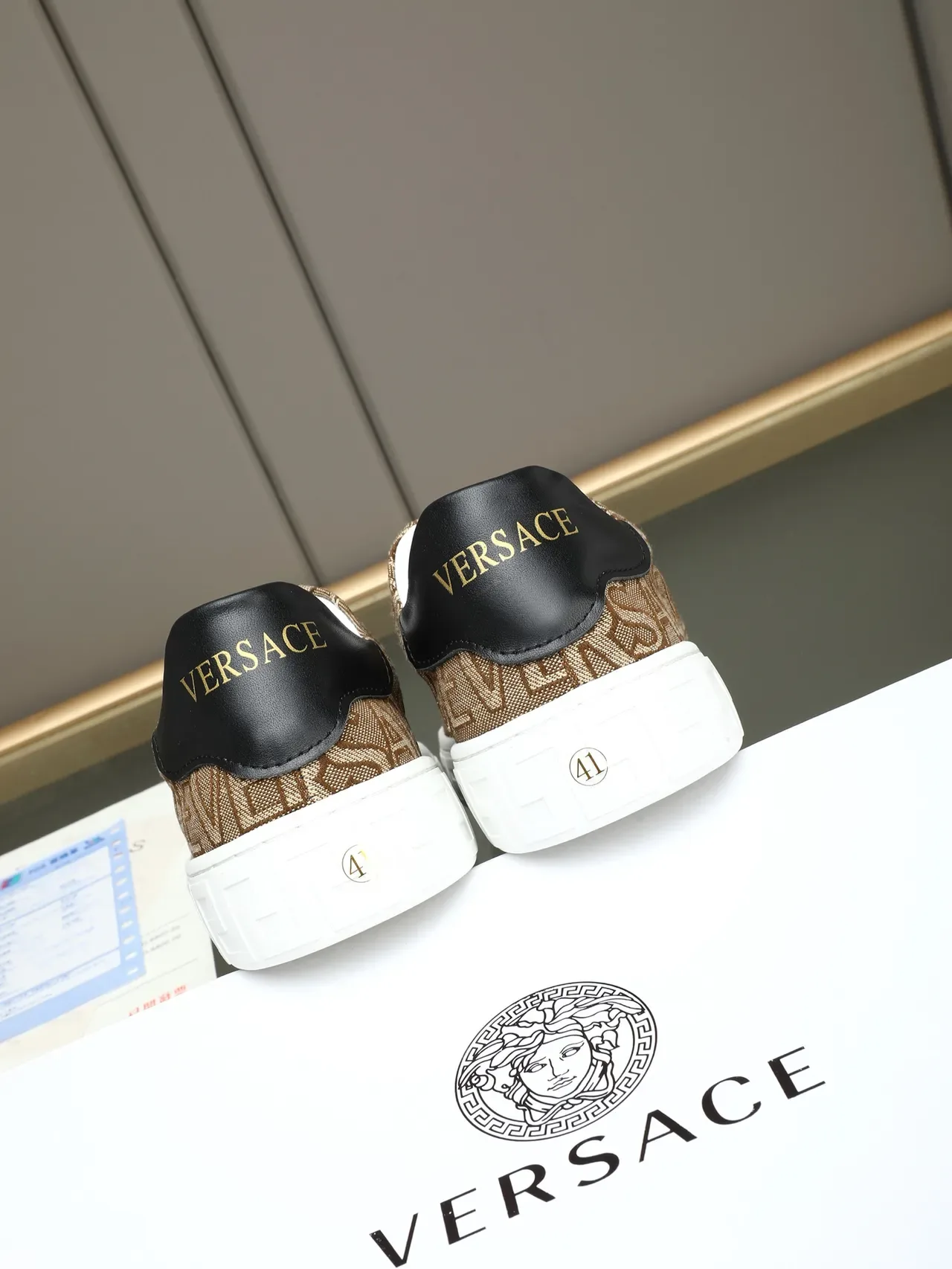 Versace Beige White Monogrammed Textile Upper Greca-Patterned Midsole Lifestyle Sneakers 4