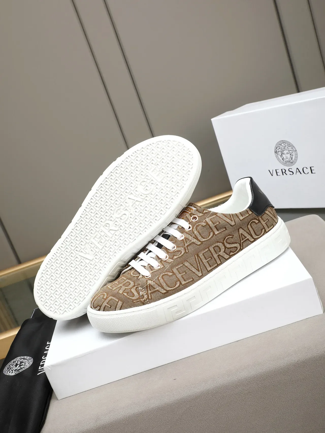 Versace Beige White Monogrammed Textile Upper Greca-Patterned Midsole Lifestyle Sneakers 5