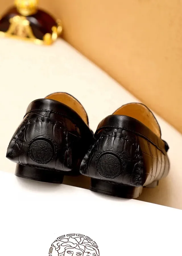 Versace Noir Or Cuir Crocodil Embossé Boucle Tête Médusa Loafer 3