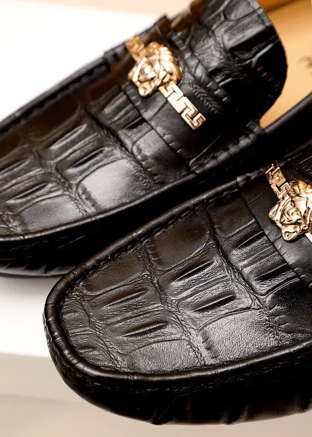Versace Noir Or Cuir Crocodil Embossé Boucle Tête Médusa Loafer 5